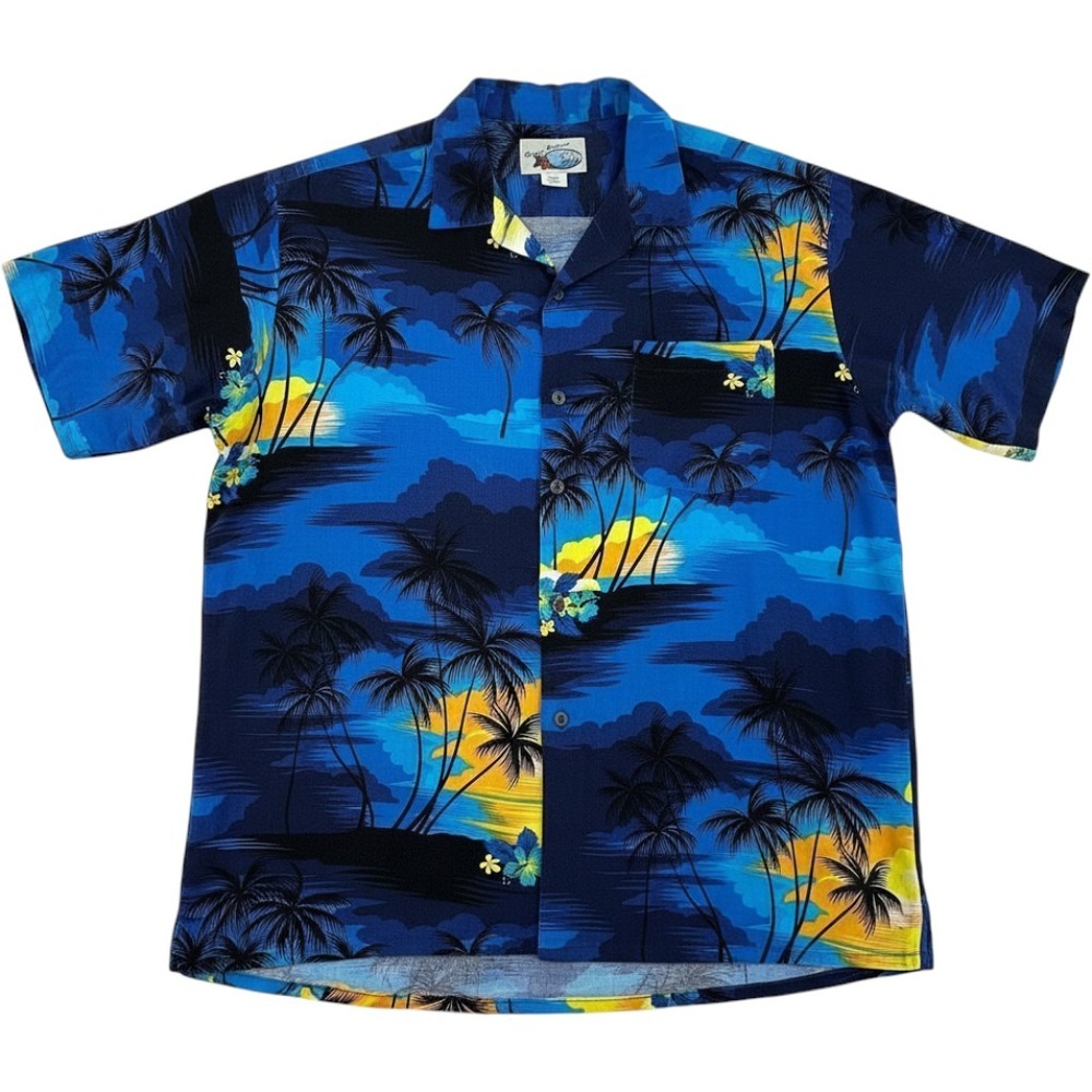Ocean Current Mens XL Hawaiian Shirt Blue Tropical Palm Tree Sunset Rayon Button